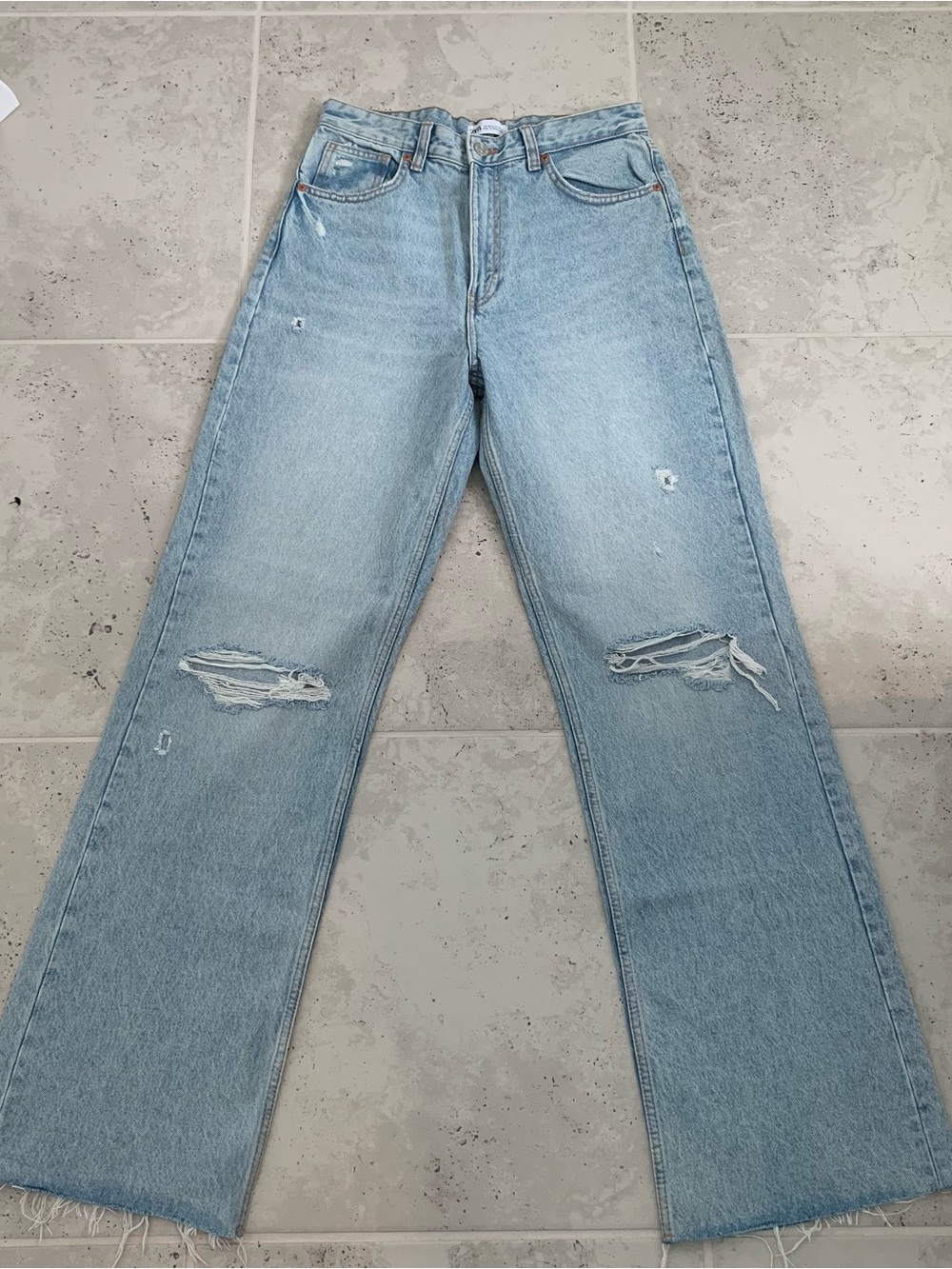 Zara Light Blue Wide Leg Distressed Jeans with Raw Hem
